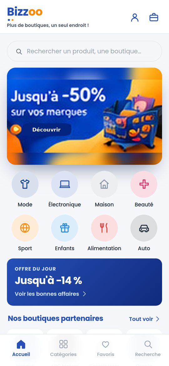L'accueil : la recherche, les catégories, les boutiques partenaires