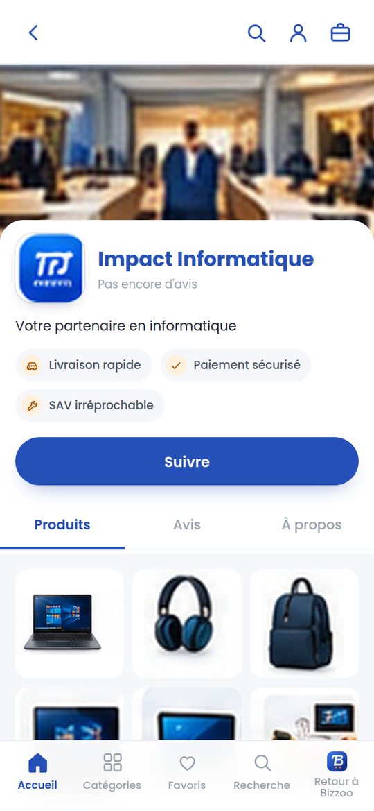 La fiche d'une boutique : son logo, ses atouts, ses produits