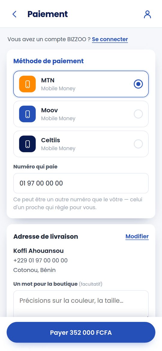 Le paiement : MTN, Moov ou Celtiis, et l'adresse de livraison